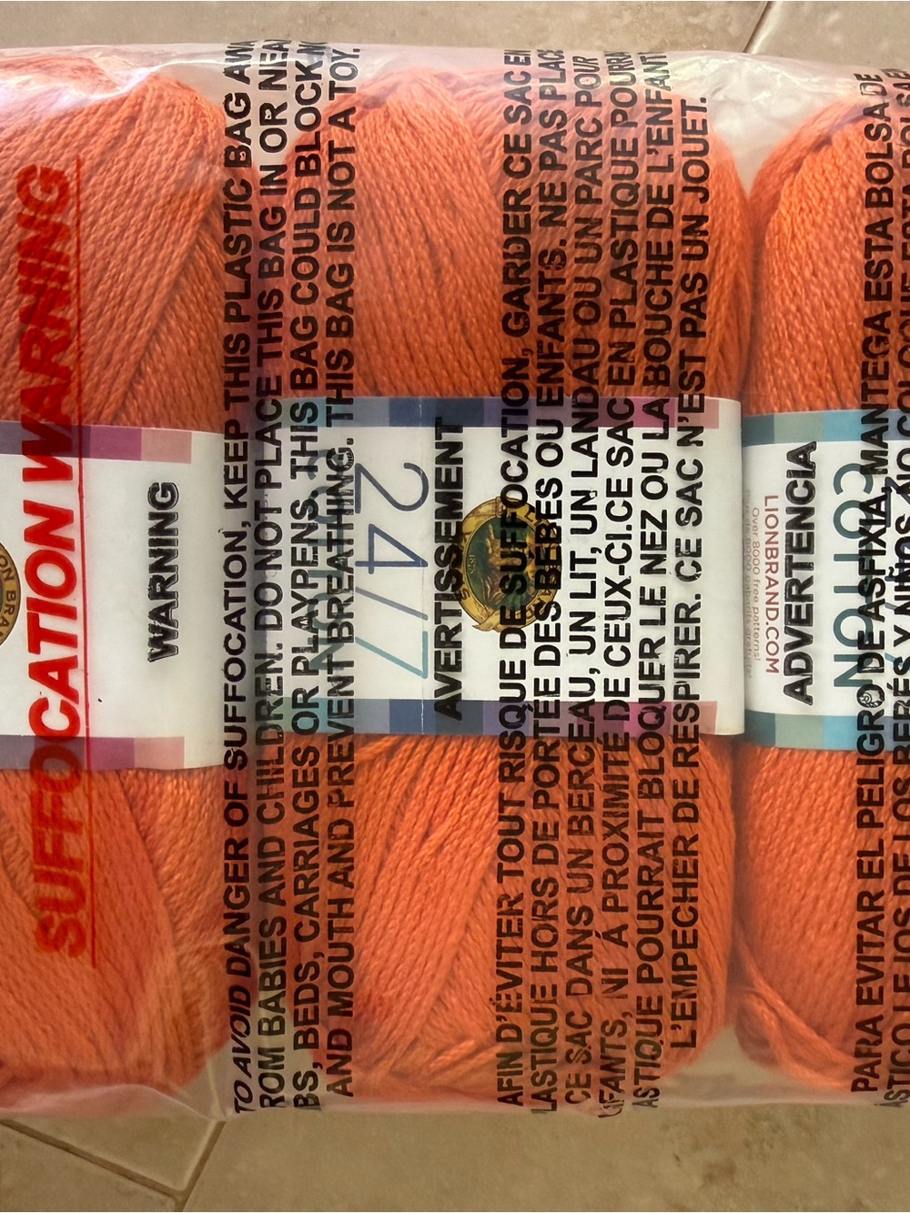 Lion Brand 24/7 Cotton Tangerine Orange Yarn - 3 Pack